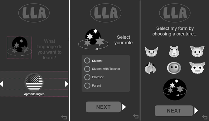 three sample screens showing onboarding in the LLA app. Select language, select user type, select avatar