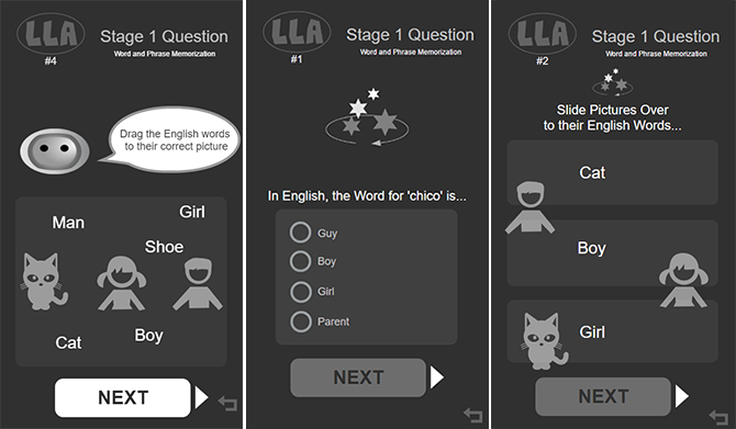 three sample screens from the prototype showing basic level 1 questions.